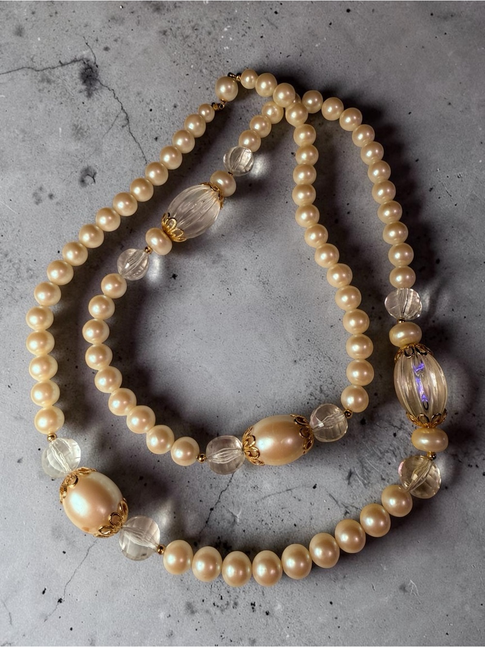 Classic Pearl and Crystal Bead Necklace - Champagne Pearls